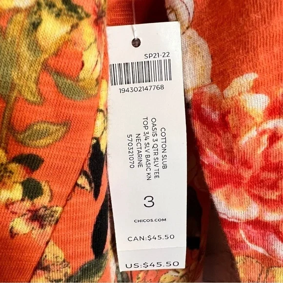 Chico’s Women’s Cotton-Blend Slub Floral-Print Tee Coral Size 1 (Medium) - Picture 3 of 9